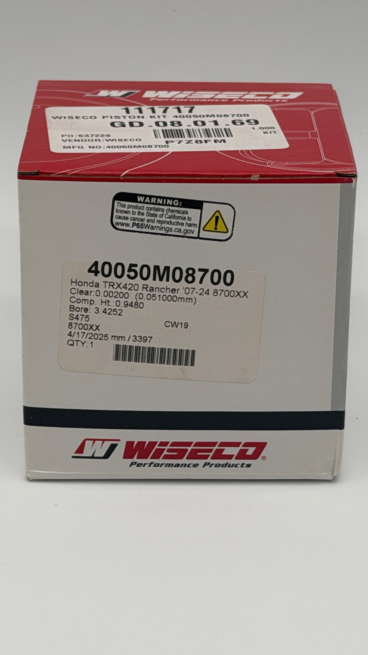 Wiseco Piston Kit for 2007-2021 Honda TRX420 Rancher 87mm 40050M08700